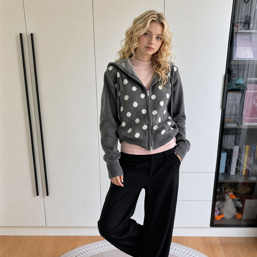 Women's zip-up hoodie, washed vintage look & discreet polka dot application Mune Fashion