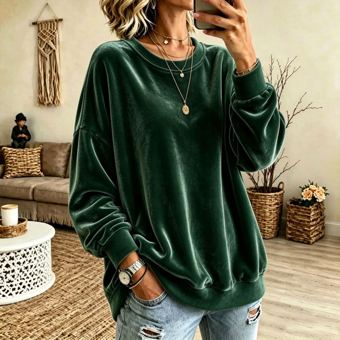Women Oversized Velvet Sweater with Loose Fit and Ribbed Hem Mune Fashion