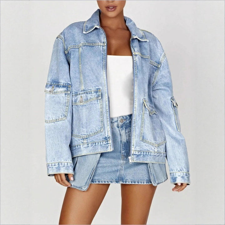 Women's Oversize Utility Denim Jacket with Large Flap Pockets and Zipper Mune Fashion