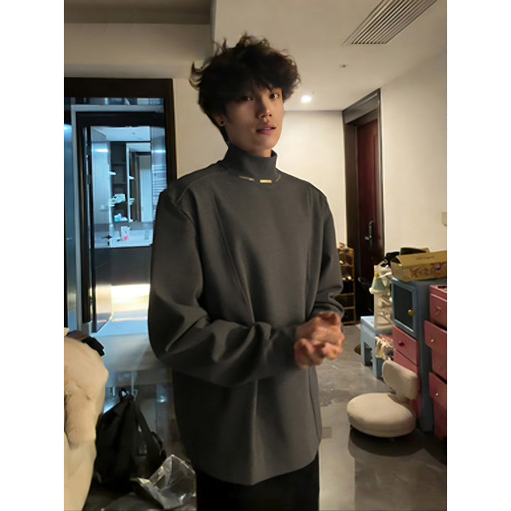 Men's Slim-Fit Long Sleeve Shirt with High Stand Collar and Decorative Metal Stripes Mune Fashion