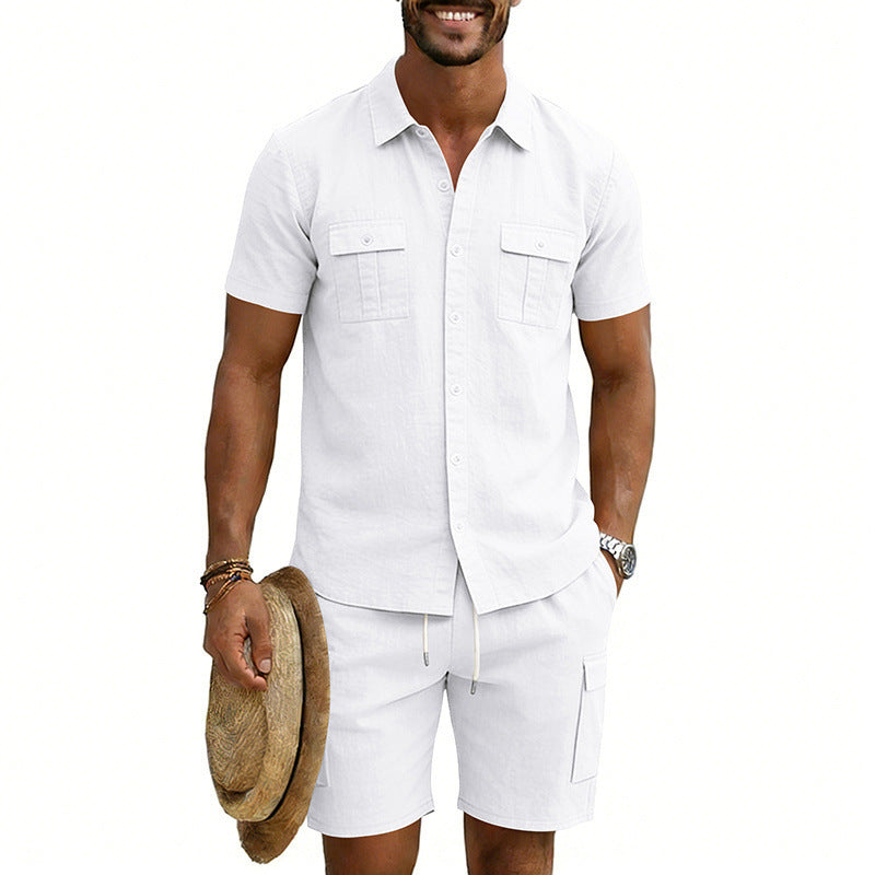 Men's summer leisure set made of cotton-linen blend with short-sleeve shirt and cargo shorts Mune Fashion
