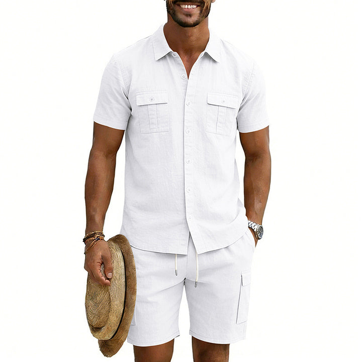 Men's summer leisure set made of cotton-linen blend with short-sleeve shirt and cargo shorts Mune Fashion