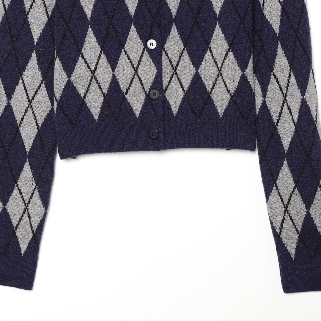 Women's argyle knit cardigan with shirt collar and full button placket Mune Fashion