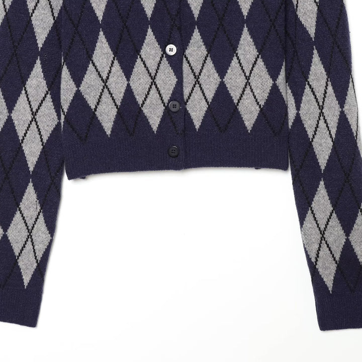 Women's argyle knit cardigan with shirt collar and full button placket Mune Fashion