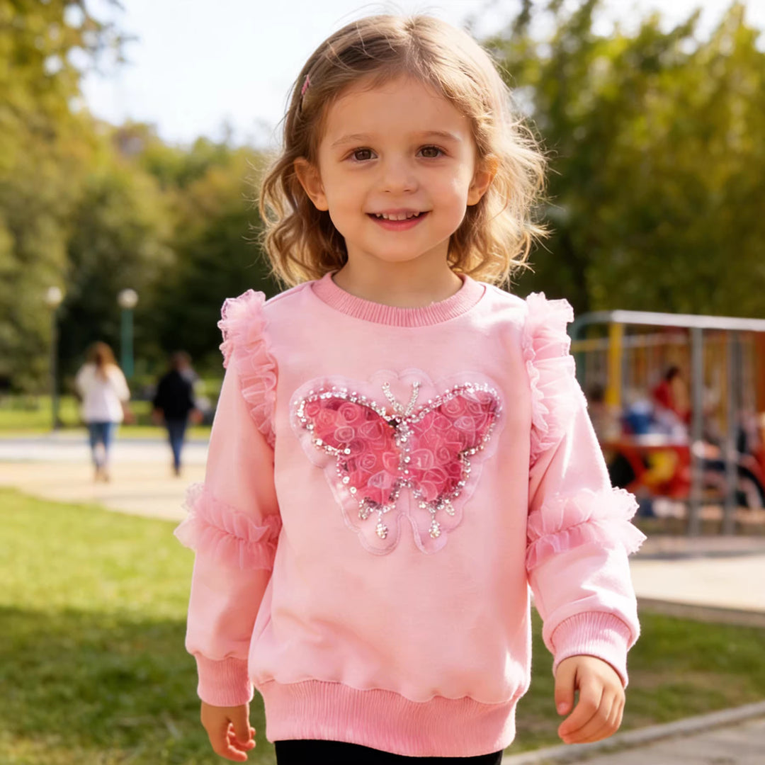 Girls sweatshirt with shiny butterfly design and ruffle details Mune Fashion