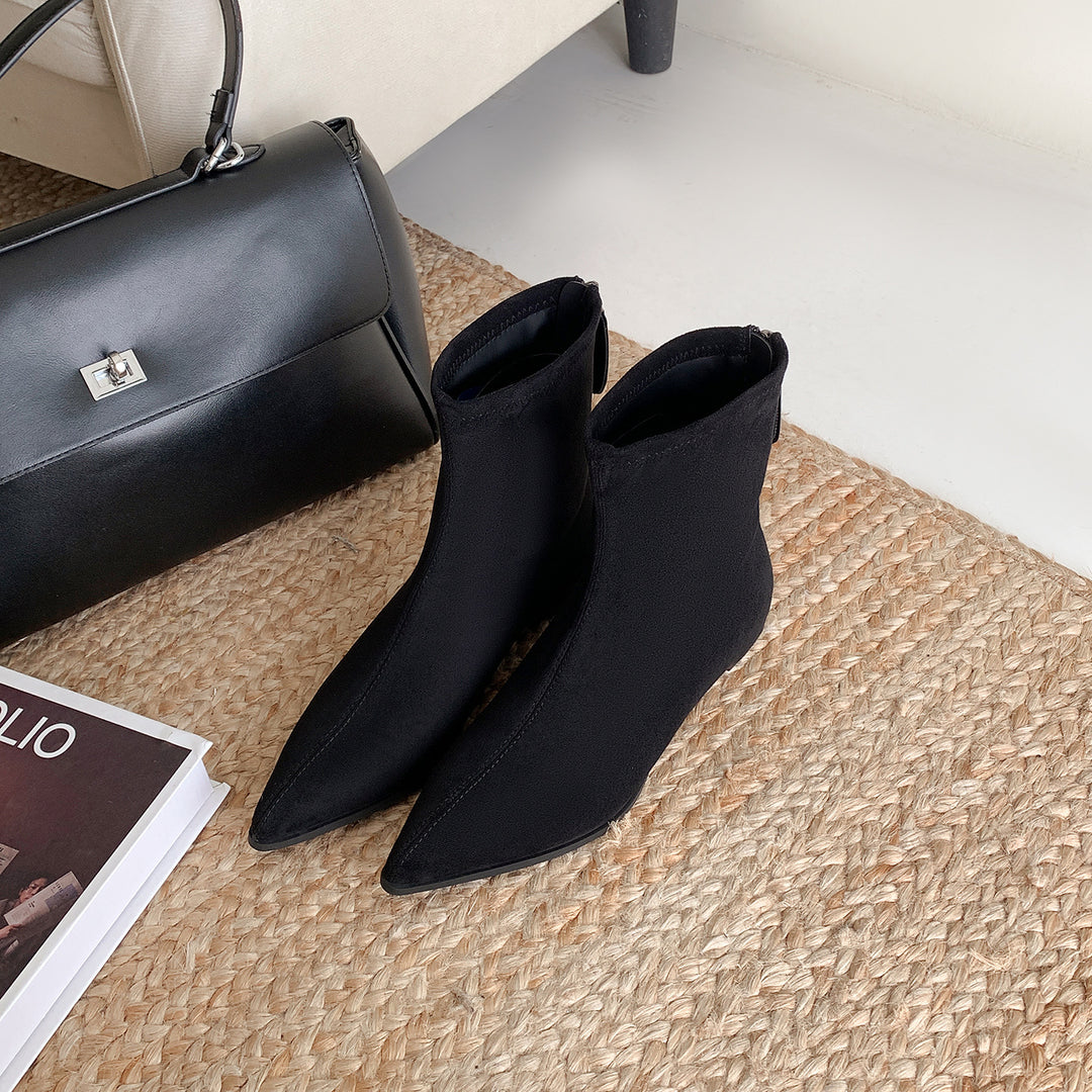 Women Narrow pointed suede ankle boots with hidden wedge heel and heel strap Mune Fashion