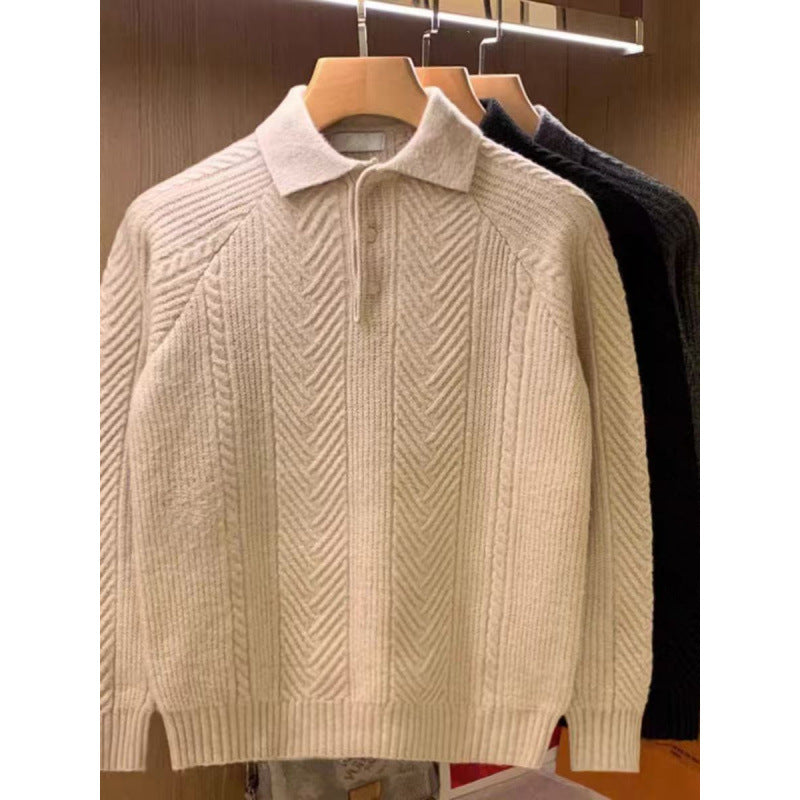 Men's fine-knit polo sweater with half-button placket and cable pattern Mune Fashion