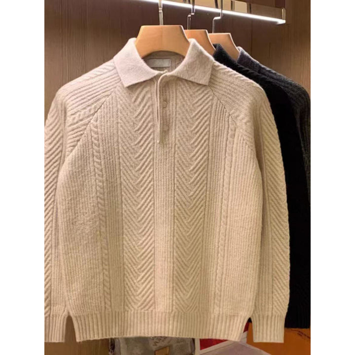 Men's fine-knit polo sweater with half-button placket and cable pattern Mune Fashion