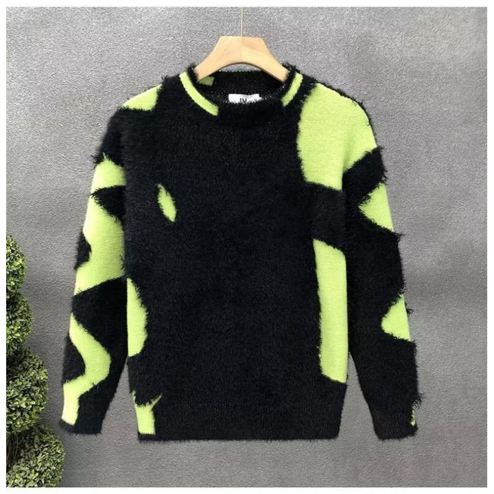 Unisex Fluffy Oversized Knit Sweater with Abstract Destroy Detail and Texture Mix Mune Fashion