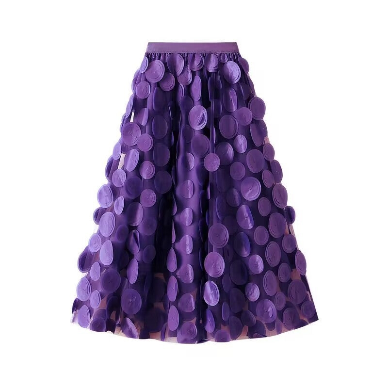 Women's flared midi skirt with transparent 3D appliqués and elastic waistband Mune Fashion