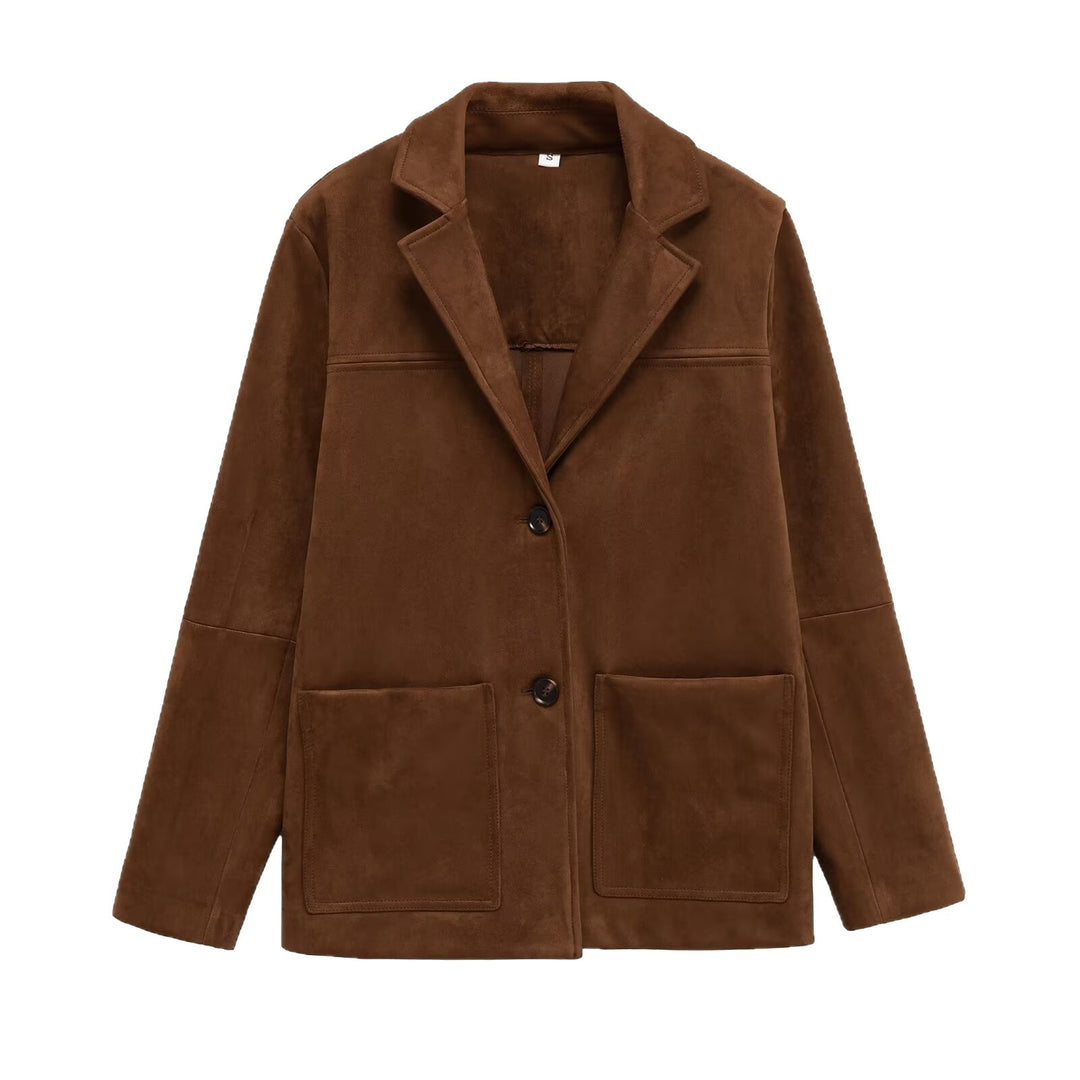 Women Short Suede-Look Coat with Notched Collar and Applied Pockets Mune Fashion