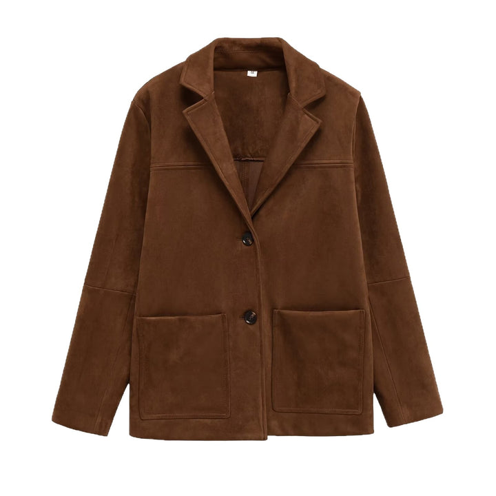 Women Short Suede-Look Coat with Notched Collar and Applied Pockets Mune Fashion