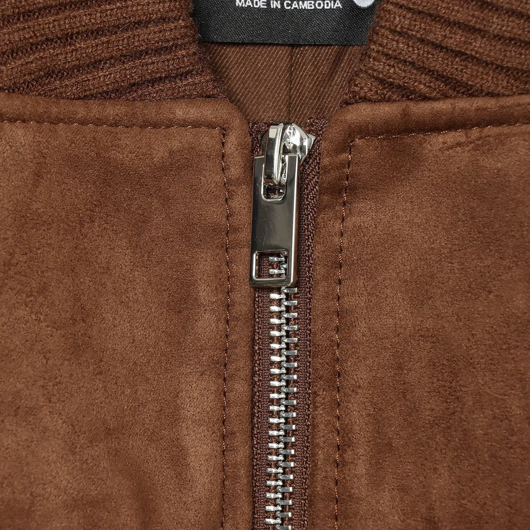Women's Velour Leather Look Bomber Jacket with Ribbed Hem, Breast Pockets, and Full Zipper Mune Fashion