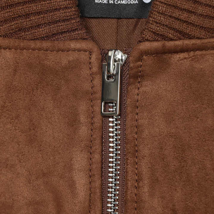 Women's Velour Leather Look Bomber Jacket with Ribbed Hem, Breast Pockets, and Full Zipper Mune Fashion
