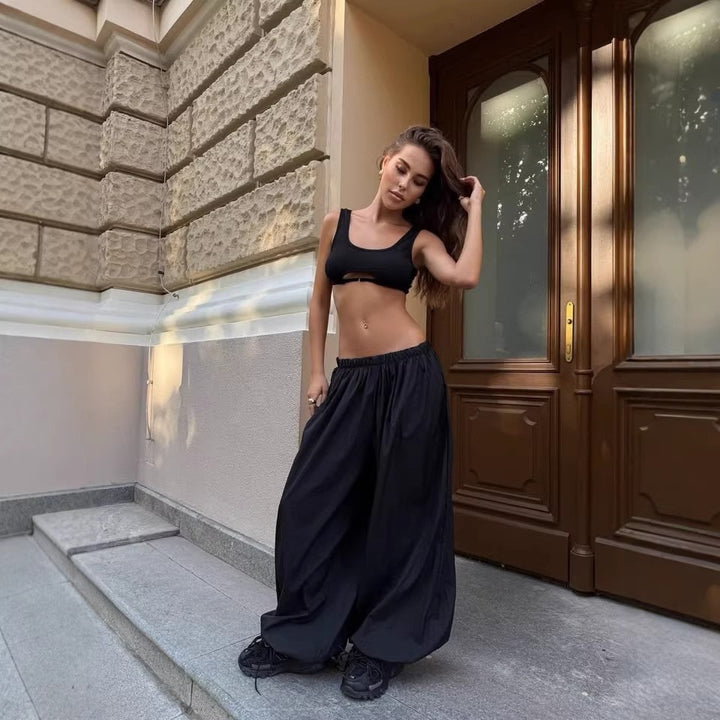 Women's wide-cut high-waist palazzo pants with elastic waistband and flowing summer quality Mune Fashion