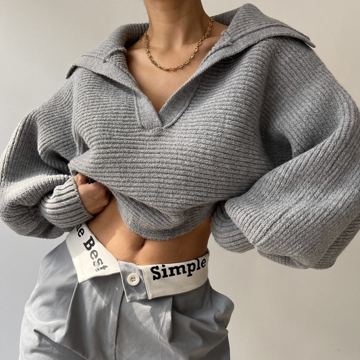 Women's chunky knit pullover with wide collar and V-neck Mune Fashion