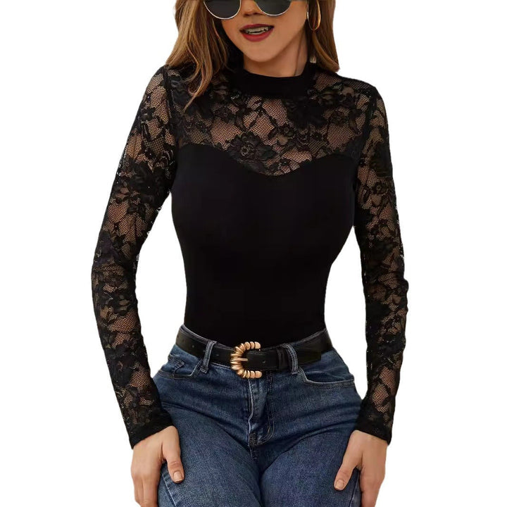 Women Elegant Long Sleeve Top with Romantic Lace Mune