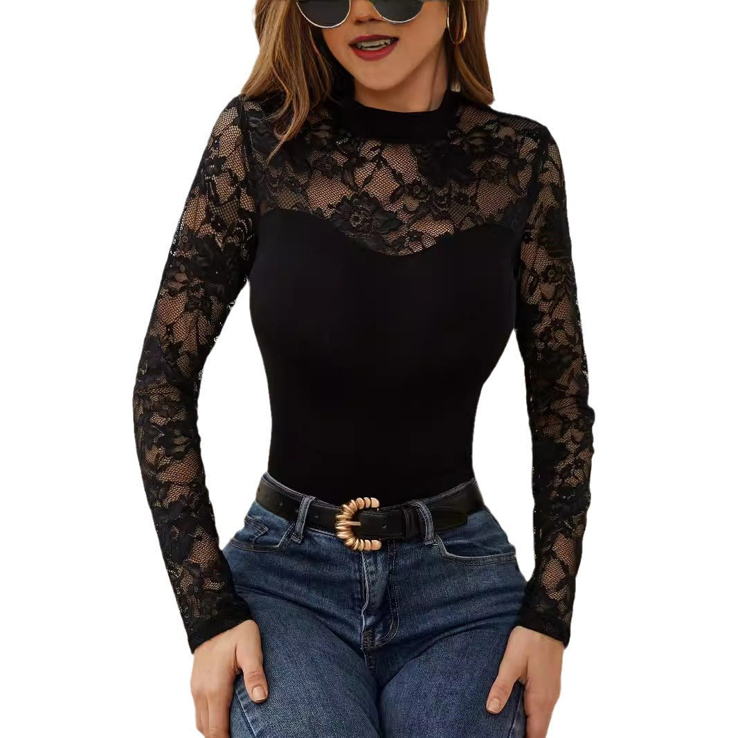 Women's tailored lace long-sleeve shirt with non-transparent bustier insert and stand-up collar Mune Fashion