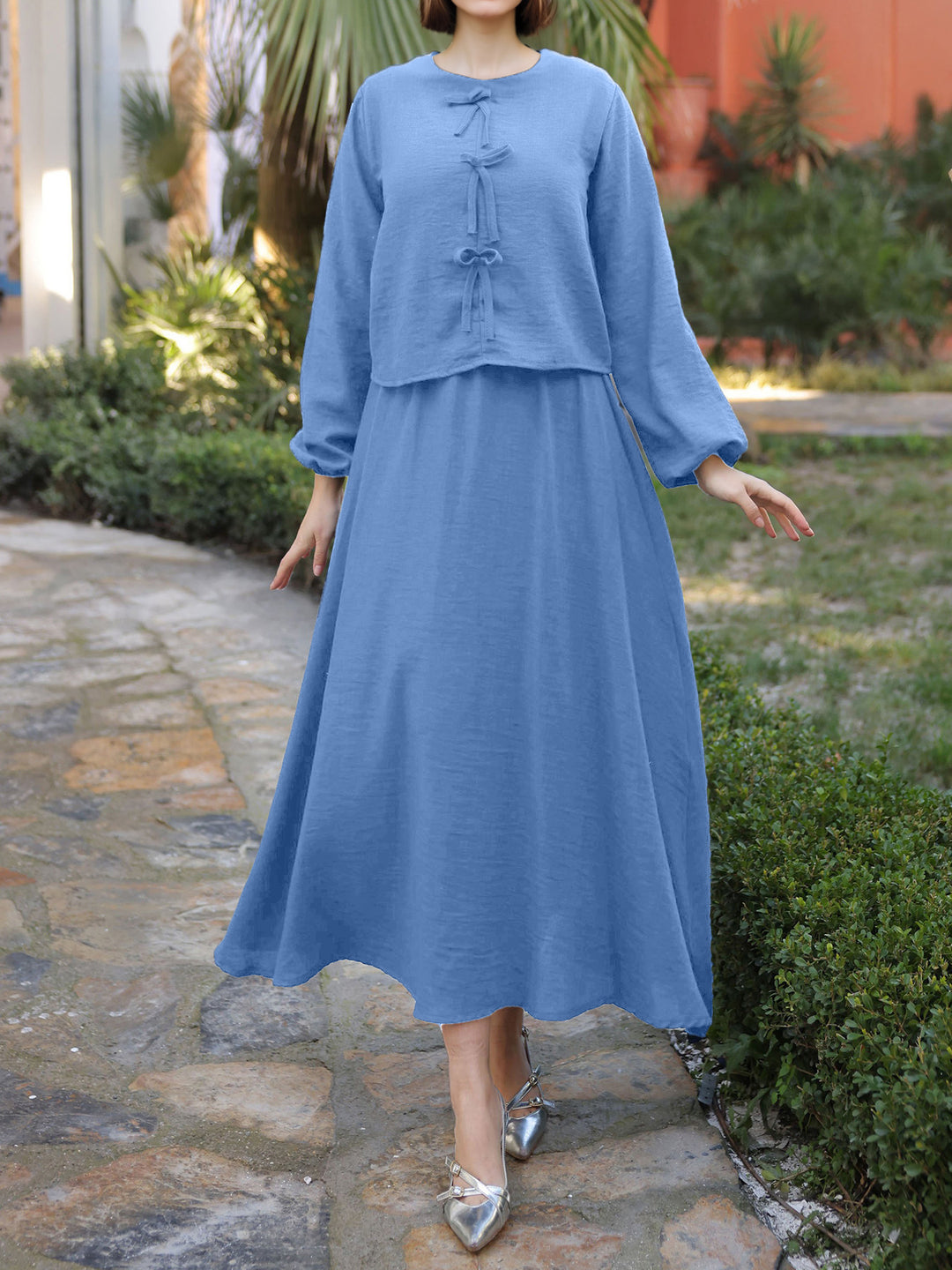 Ladies Long Two-Piece Maxi Dress with Overlay, Round Neck and Decorative Knot