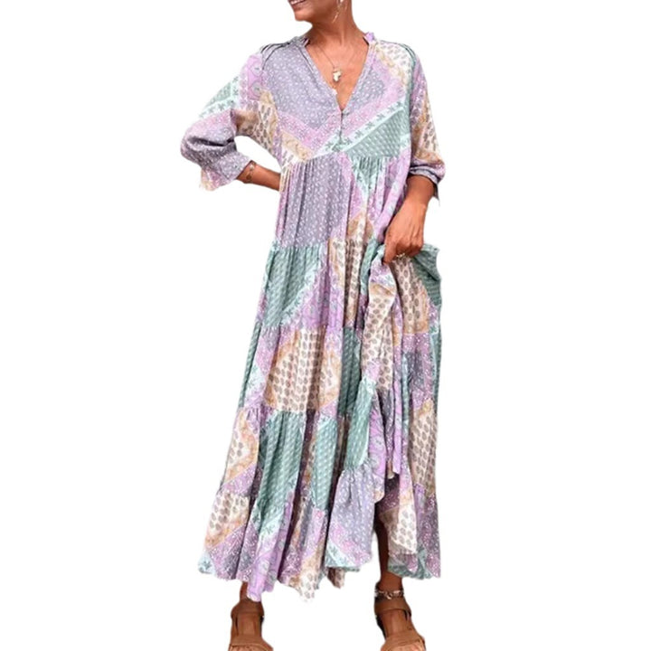 Women's nan Patchwork tiered maxi dress with V-neck, partial button placket, gathered yoke and side pockets Mune Fashion