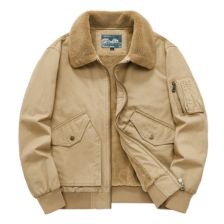 Men's  sherpa-lined cotton canvas aviator jacket with zip sleeve pocket Mune Fashion
