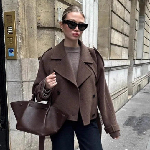 Women’s short cut double-breasted wool blend trench coat with waist belt Mune Fashion