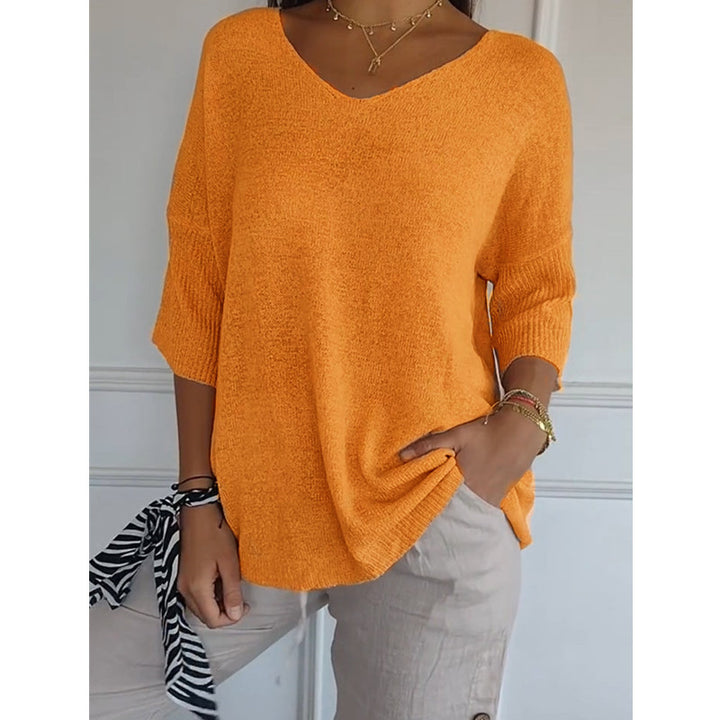 Women's relaxed fit V-neck fine knit pullover with three-quarter sleeves Mune Fashion