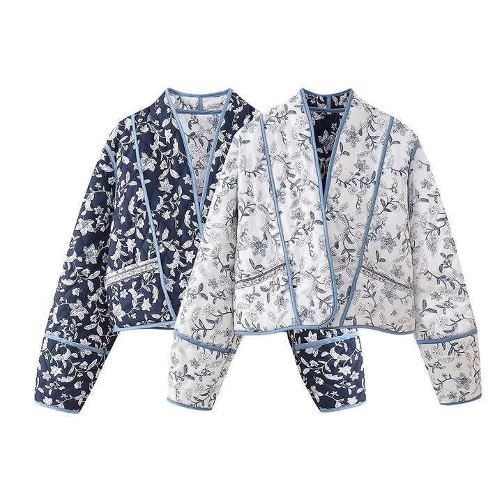 Ladies' quilted short reversible kimono jacket with floral all-over quilting, open V-neck and contrasting piping Mune Fashion