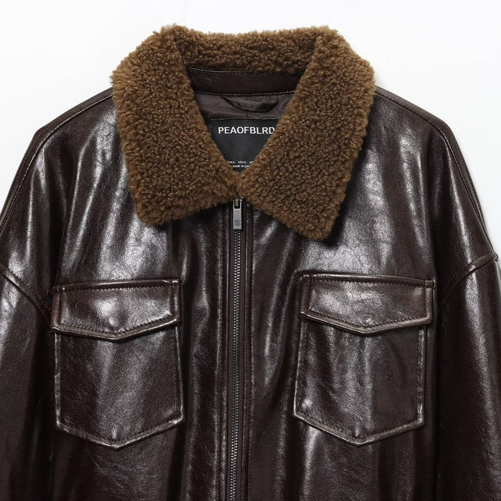 Women's Oversized Faux Leather Jacket with Teddy Collar and Waist Belt Mune Fashion