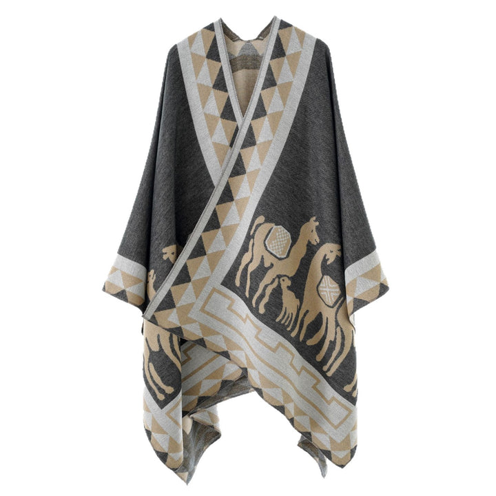 Women's Jacquard Poncho with Riding Motif and Geometric Border Pattern Mune Fashion