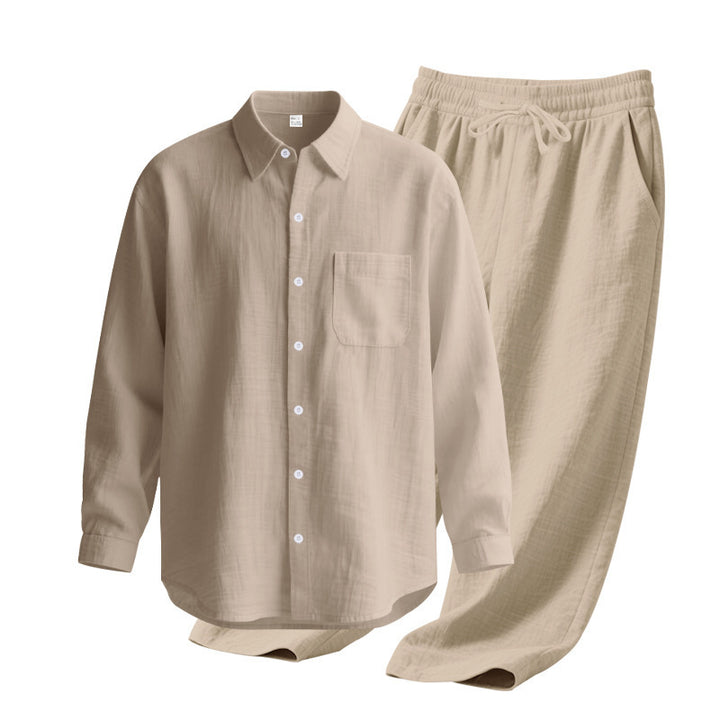 Men's light house suit made of cotton gauze with kent collar shirt, breast pocket and drawstring pants Mune Fashion