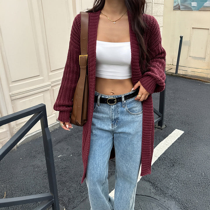 Women's long chunky knit cardigan with open front and balloon sleeves Mune Fashion