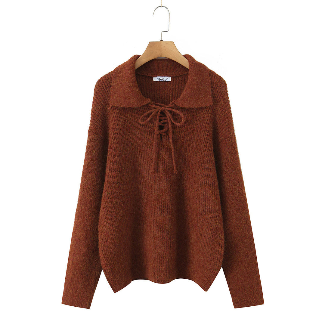 Women Cozy Knit Sweater with Wide Polo Collar and Drawstring Mune Fashion