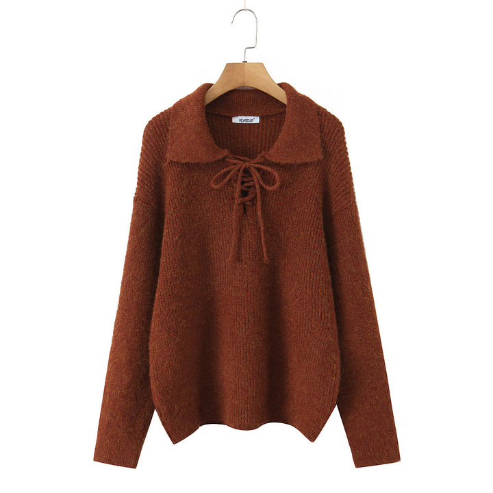 Women Cozy Knit Sweater with Wide Polo Collar and Drawstring Mune Fashion