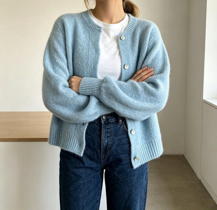 Women's Cozy Mohair-Look Cardigan with Round Neck and Balloon Sleeves Mune Fashion