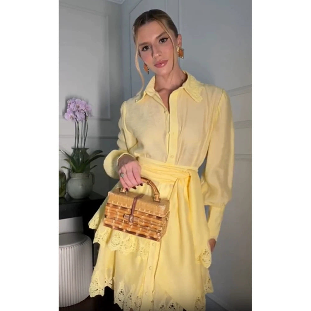 Women Lightweight Shirt Dress with Broderie Anglaise Hem and Wrap Belt Mune Fashion