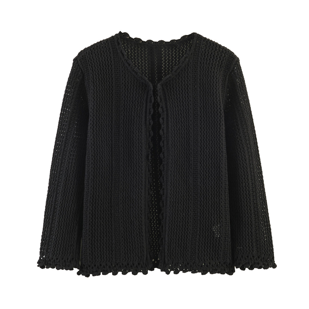 Women's Open Crochet Cardigan with V-Neck and Wave Edge Mune Fashion