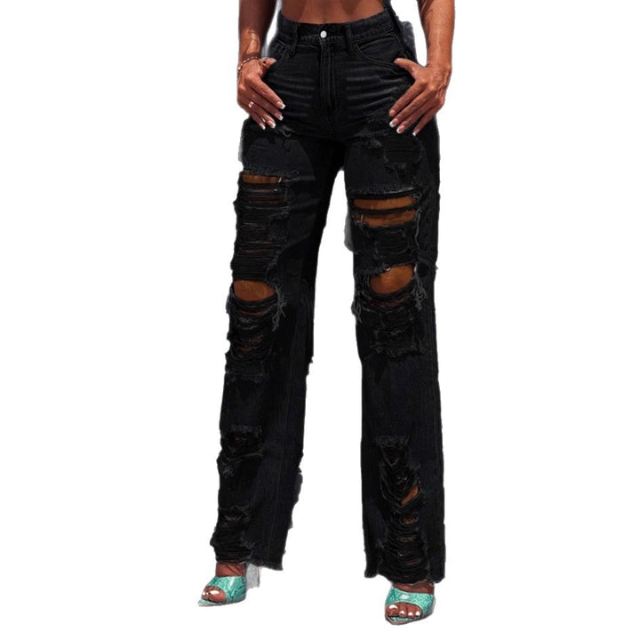 Ladies high-waisted destroyed jeans with wide legs and large knee rips Mune Fashion