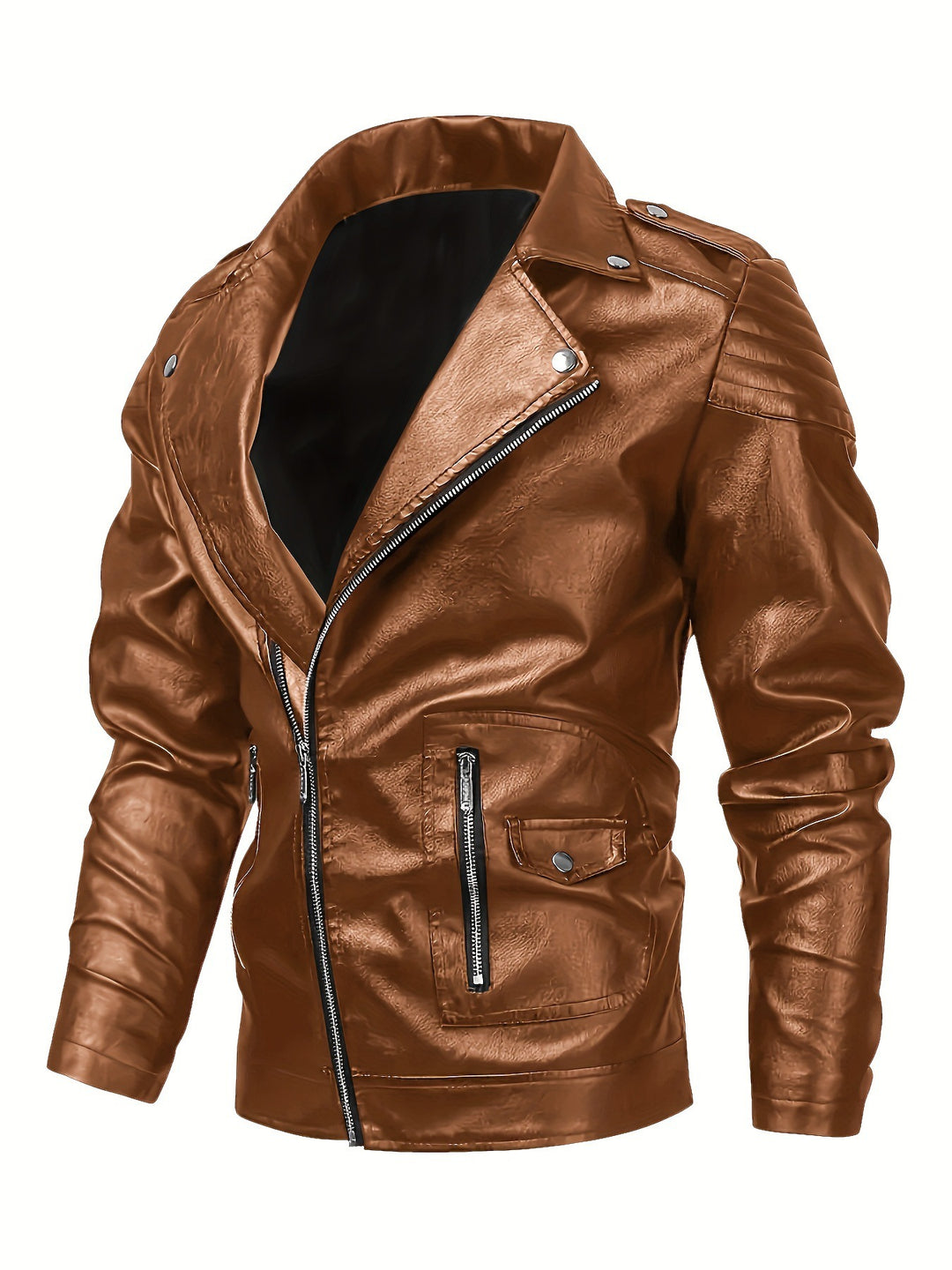 Men's biker jacket made of faux leather with asymmetrical zipper and padded shoulder inserts Mune Fashion