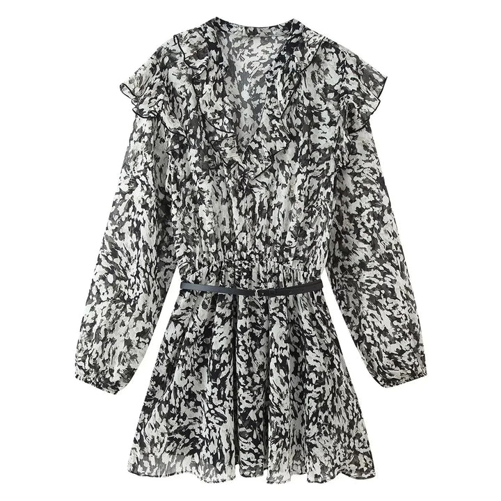 Women’s floral flounce chiffon mini dress with ruffled V-neck, elastic waist and delicate belt Mune Fashion