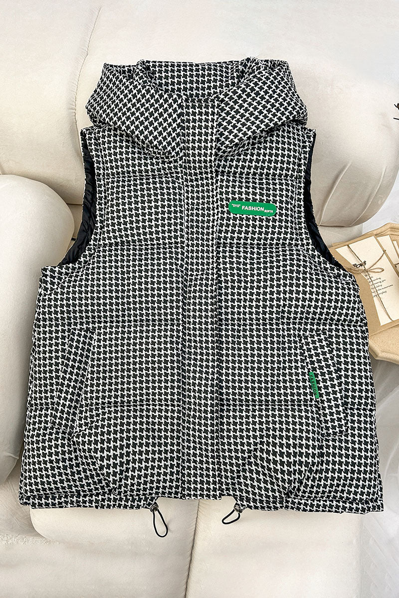 Women's quilted hooded vest with all-over logo print, padded insulation, adjustable hem, and concealed zip pockets Mune Fashion