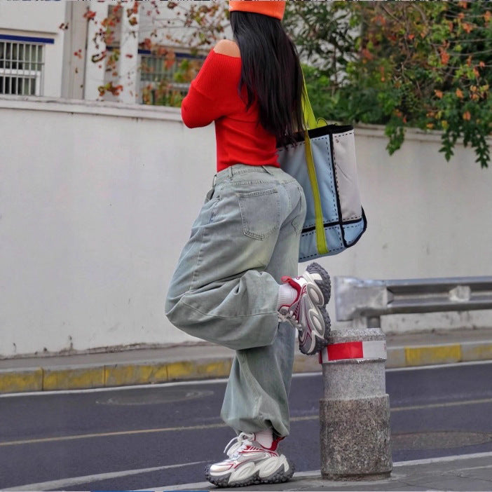 Women wide High-Waist Baggy Jeans with deep crotch and vintage wash Mune Fashion