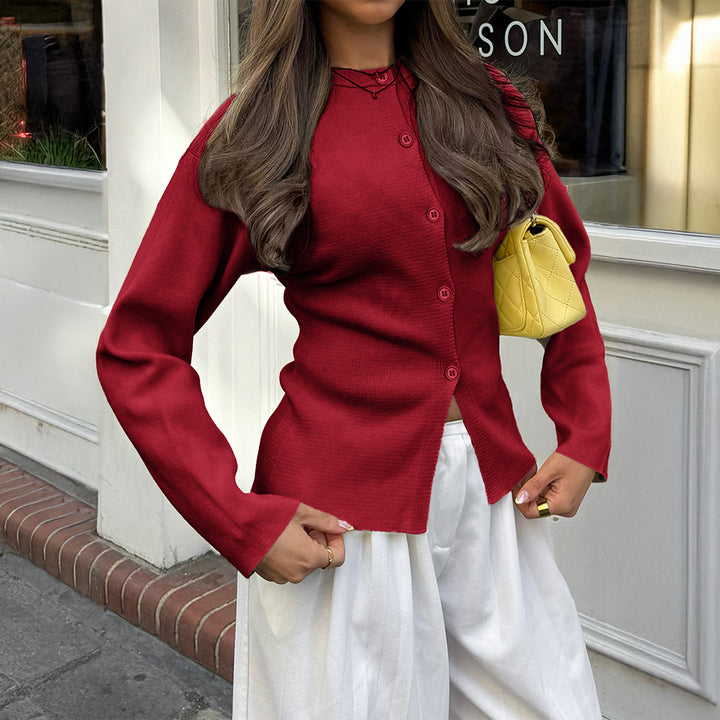 Women's fitted cardigan with asymmetric button placket and round neck Mune Fashion