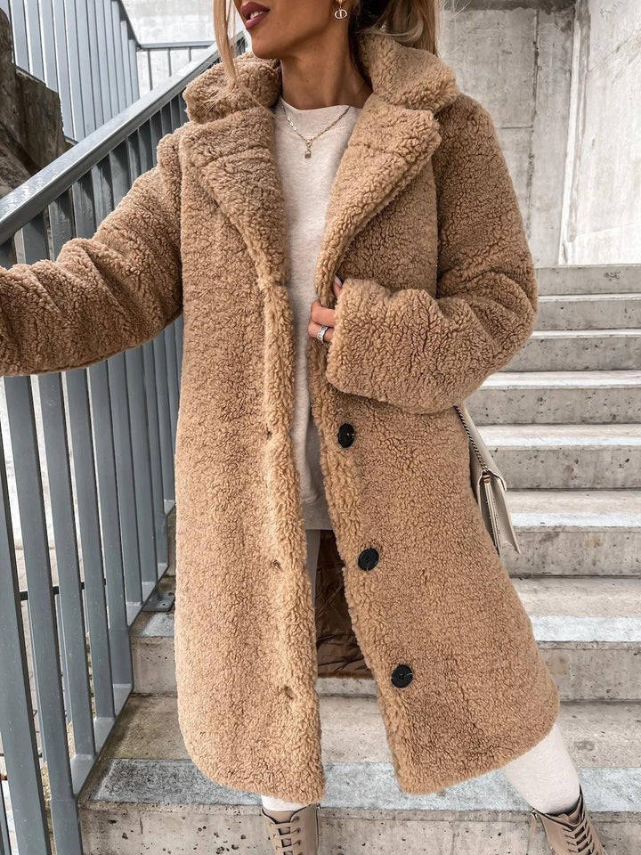Women's longer cozy teddy coat with button closure and hood Mune Fashion