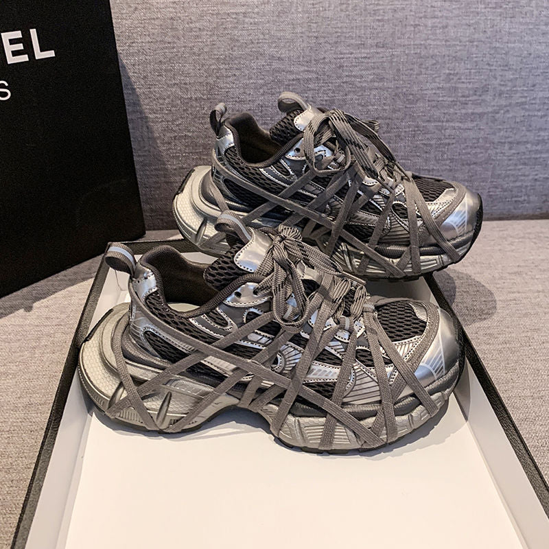 Women's Techno-Chunky-Sneaker with breathable mesh, stable platform sole and decorative wrap straps Mune Fashion