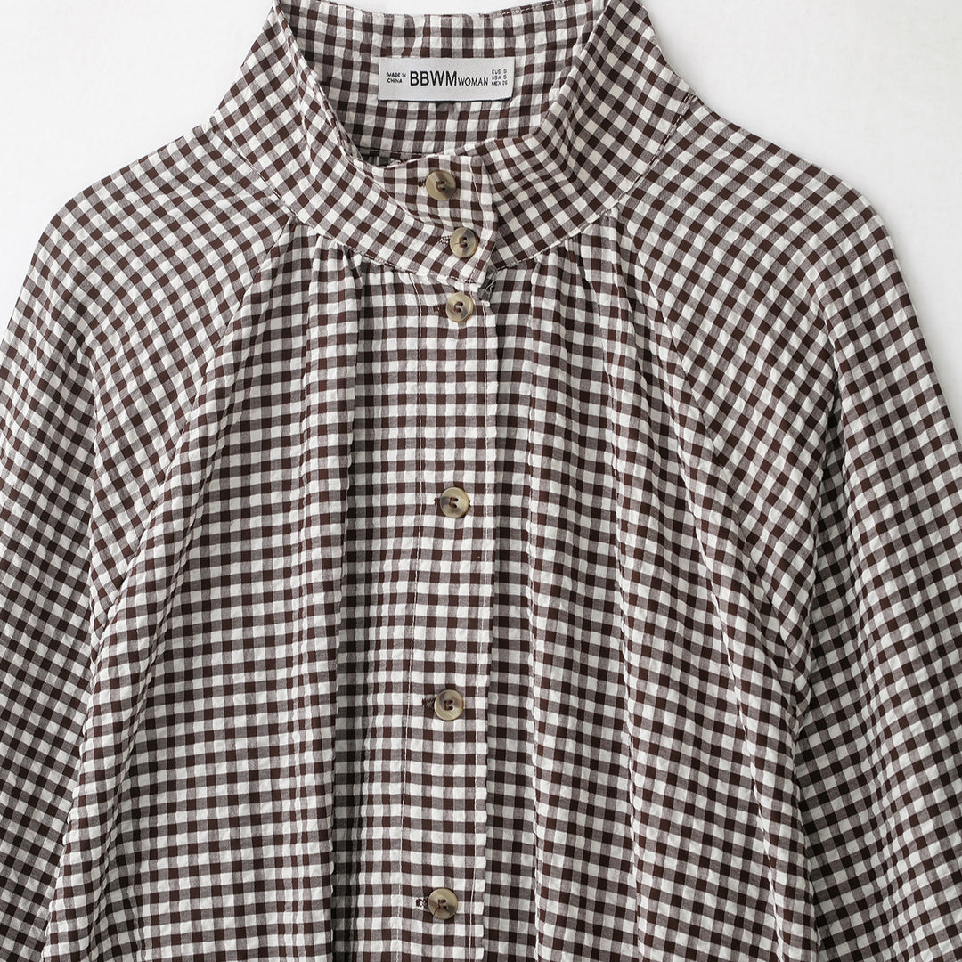 Women’s check blouse with stand-up collar, button closure and drawstring hem Mune Fashion