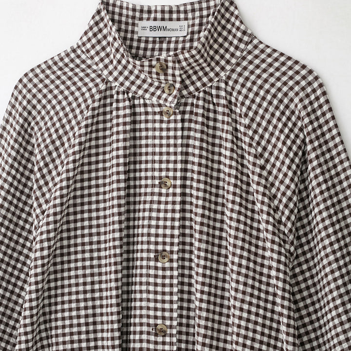 Women’s check blouse with stand-up collar, button closure and drawstring hem Mune Fashion