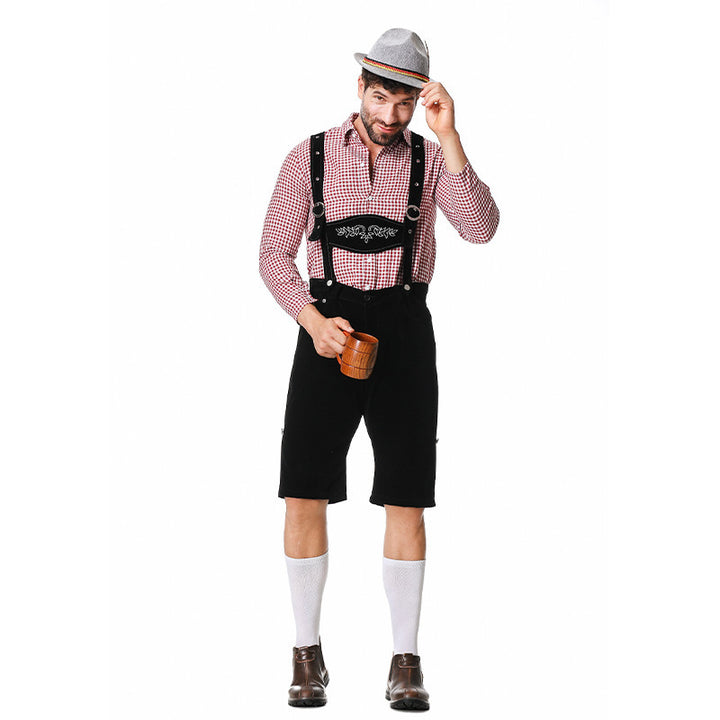 Men's short traditional leather trousers in suede look with embroidered bib and adjustable straps Mune Fashion