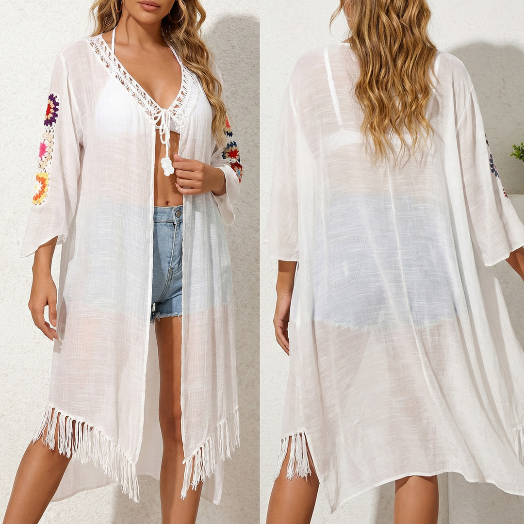 Women's airy and elegant beach kimono with floral crochet accents Mune Fashion