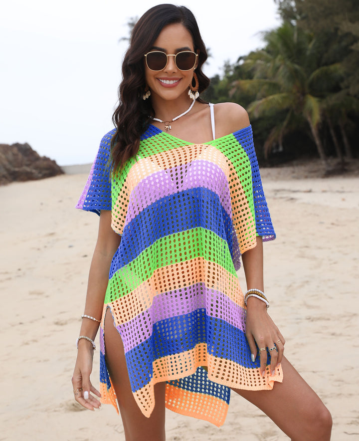 Ladies airy mesh beach cover-up with V-neck Mune Fashion
